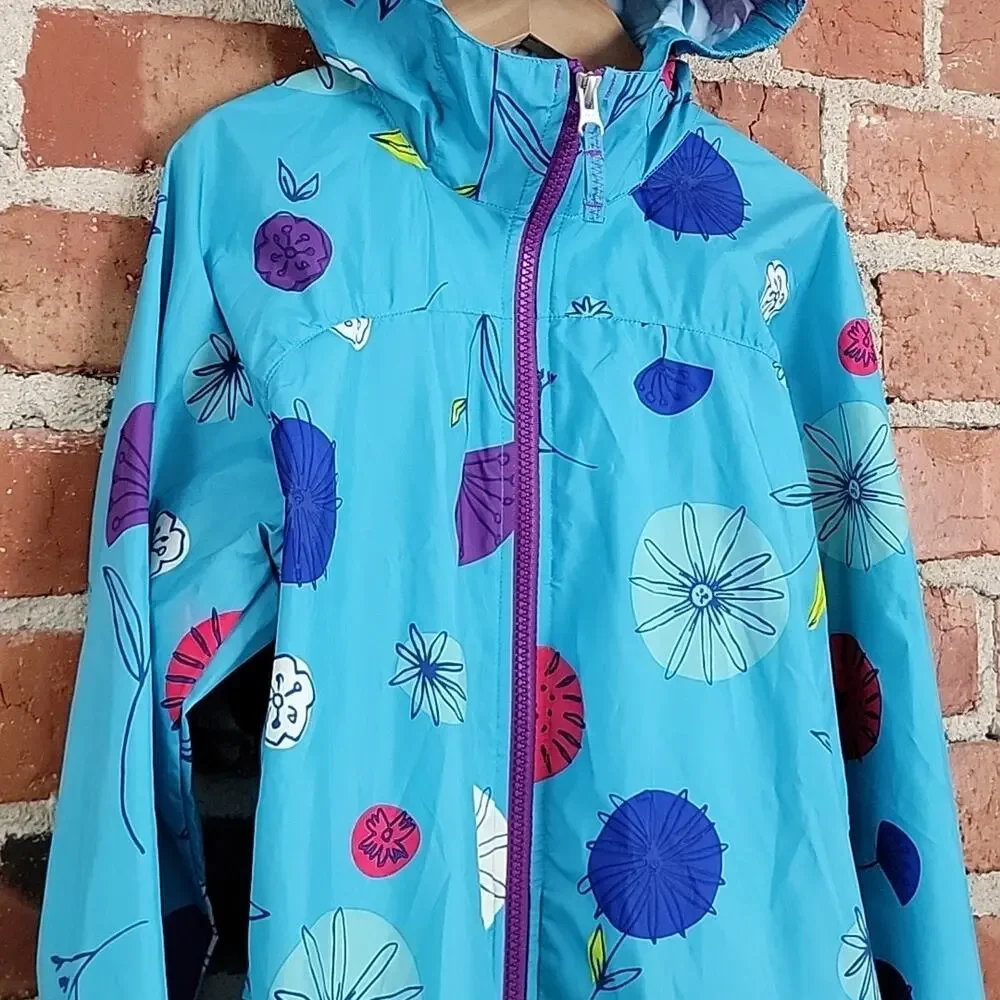 Lands' End Kids Packable Blue‎ Floral Lightweight Windbreaker Jacket M 10-12